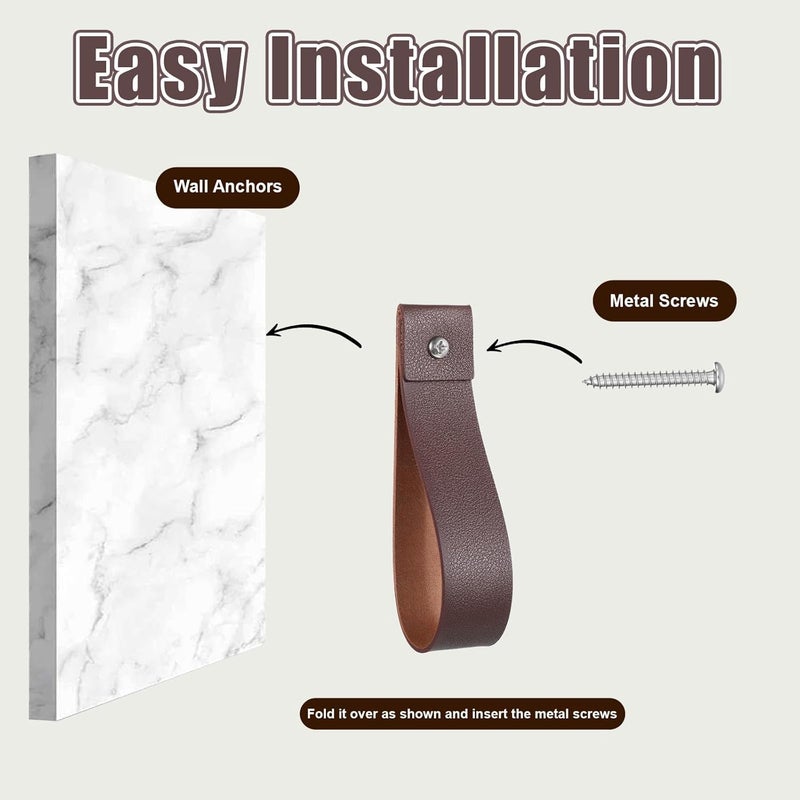 Eldraqth 10 Pcs Wall Hooks Leather Wall Hanging Straps PU Leather Straps for Hanging Hooks 1 x 4.7 Inches Curtain Rod Holder with Screws Boho Style Decor for Towel, Bathroom, Kitchen, Bedroom (Brown) - Image 4
